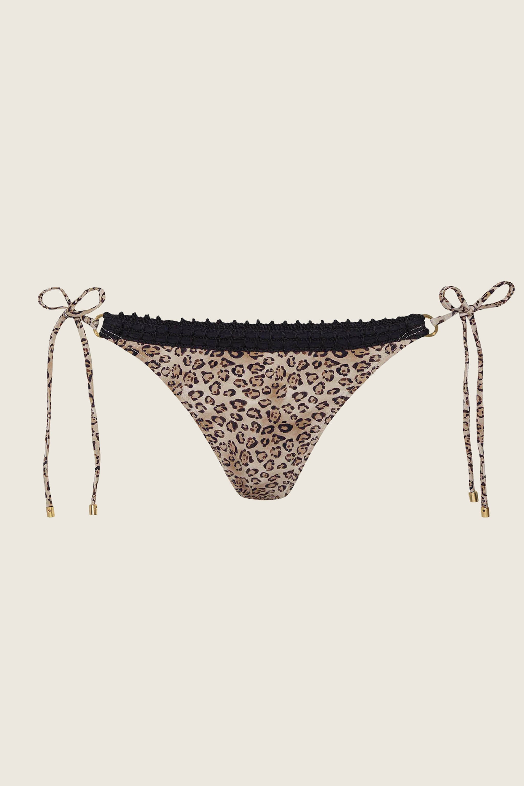 Leopard Carrie Crochet Trim Tie Side Bottom bikini with black crochet trim and adjustable side ties.