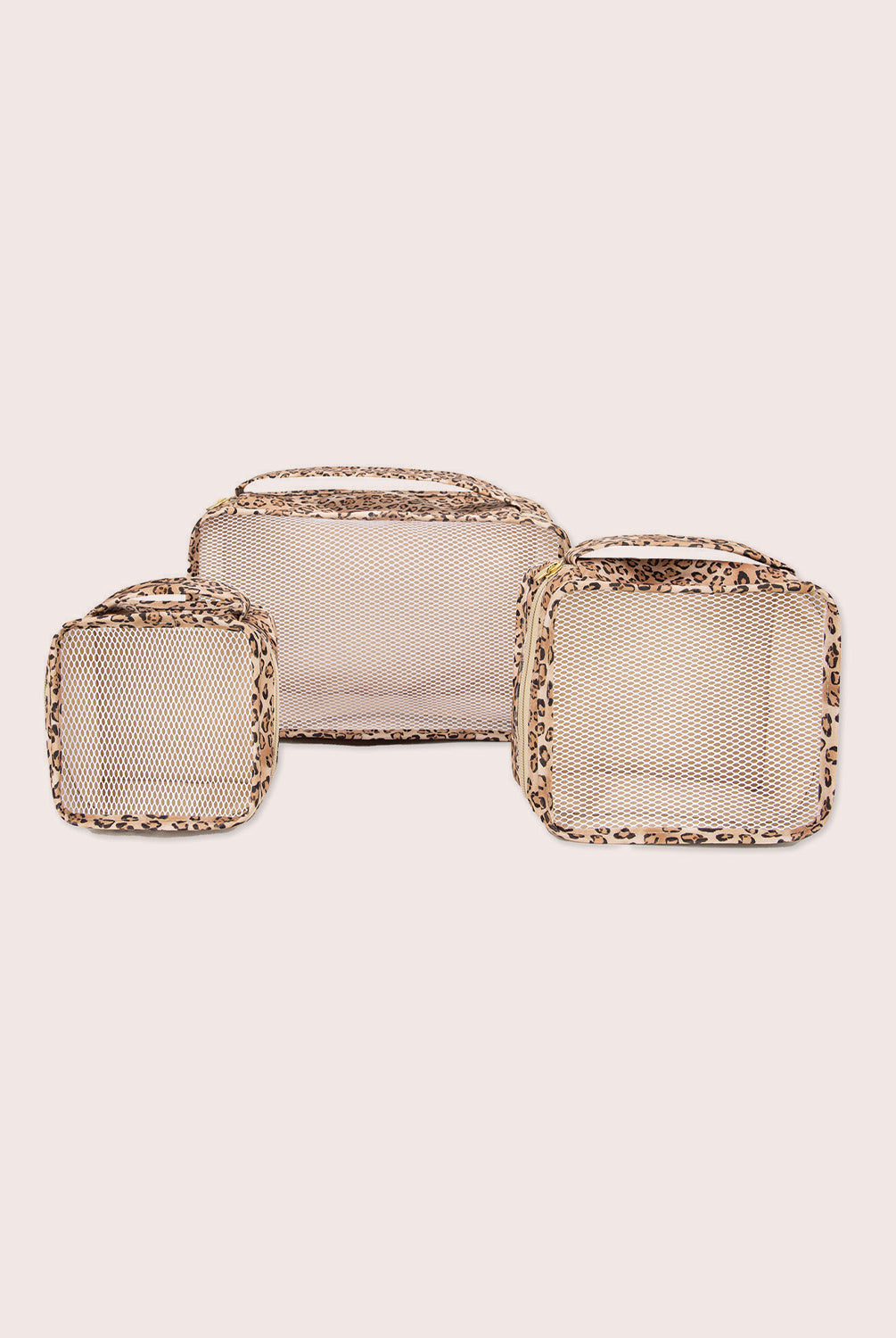 Leopard PQ Packing Cube Set in signature leopard print, featuring small, medium, and large travel cubes for organized luggage.