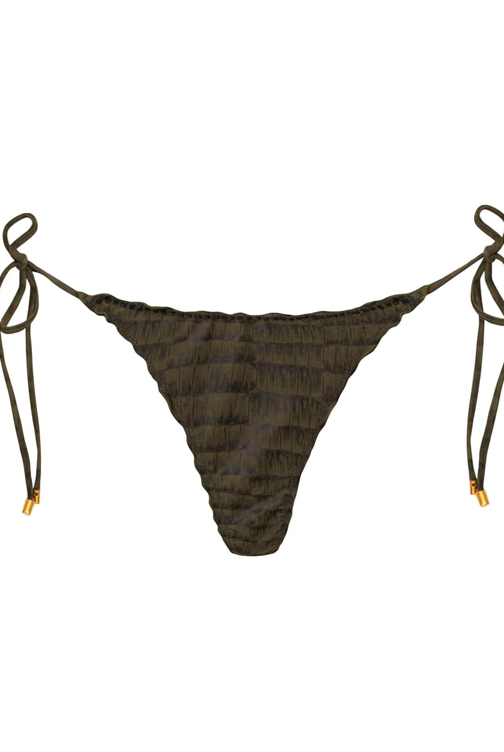 A textured gray triangle shape bikini bottom with ruffle details. Featured against a white wall background.