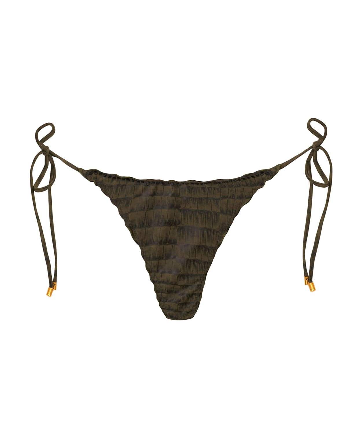 A textured gray triangle shape bikini bottom with ruffle details. Featured against a white wall background.