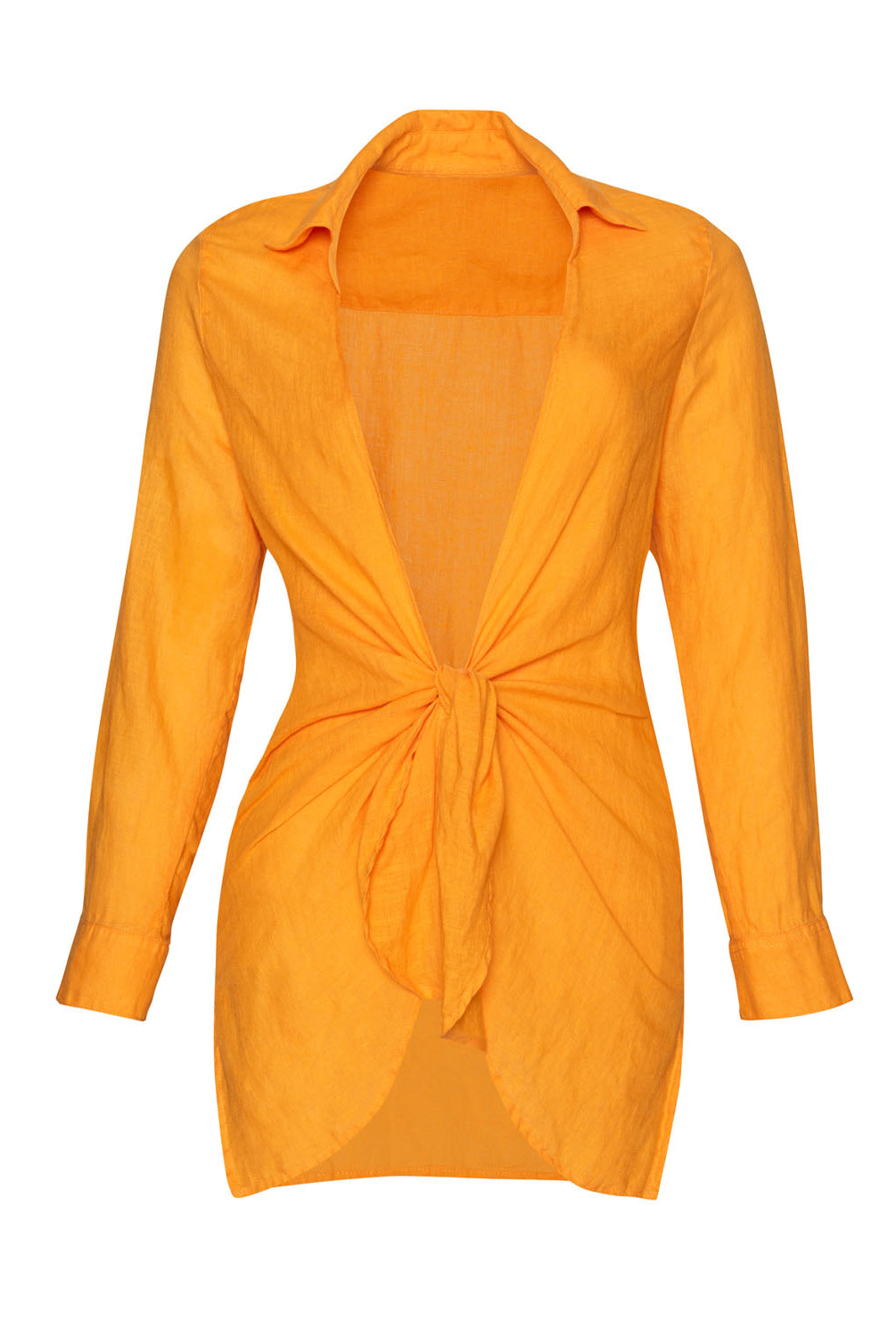 An orange long sleeve cover up against a white wall.