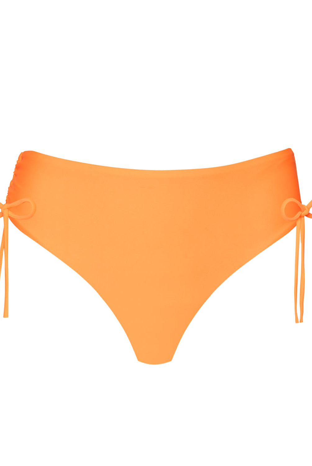 An orange modest bikini bottom against a white wall.