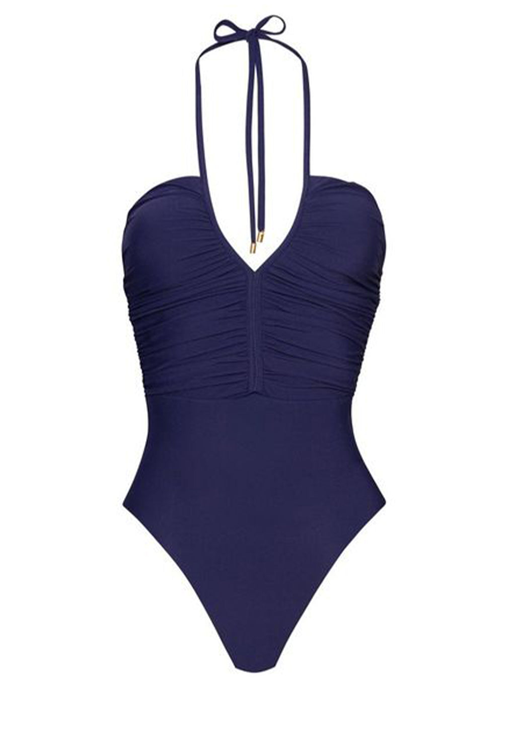 Navy blue swimsuit with halter neck design on a white background