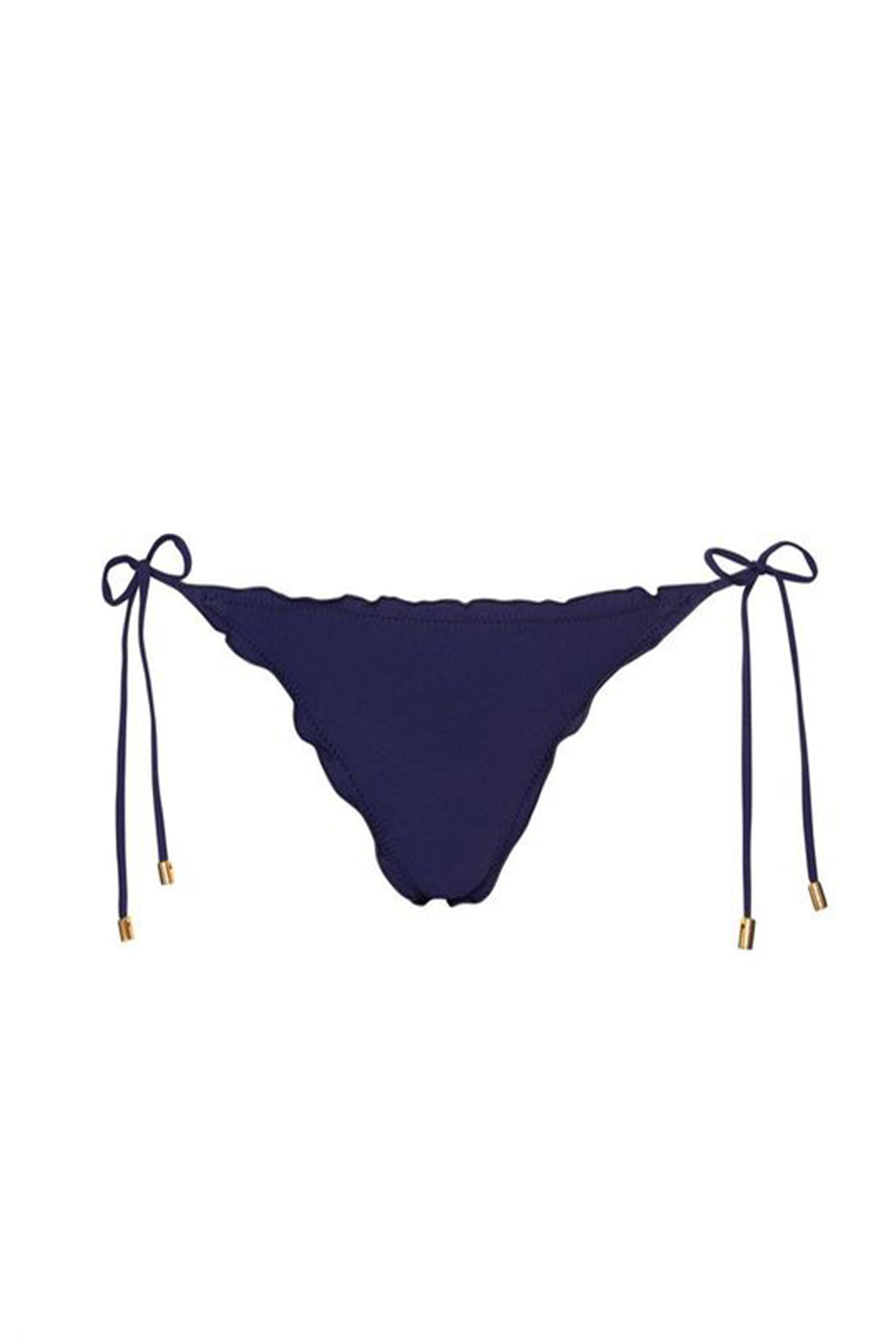 Navy blue bikini bottom with string ties on a white background