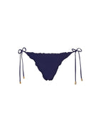 Navy blue bikini bottom with string ties on a white background