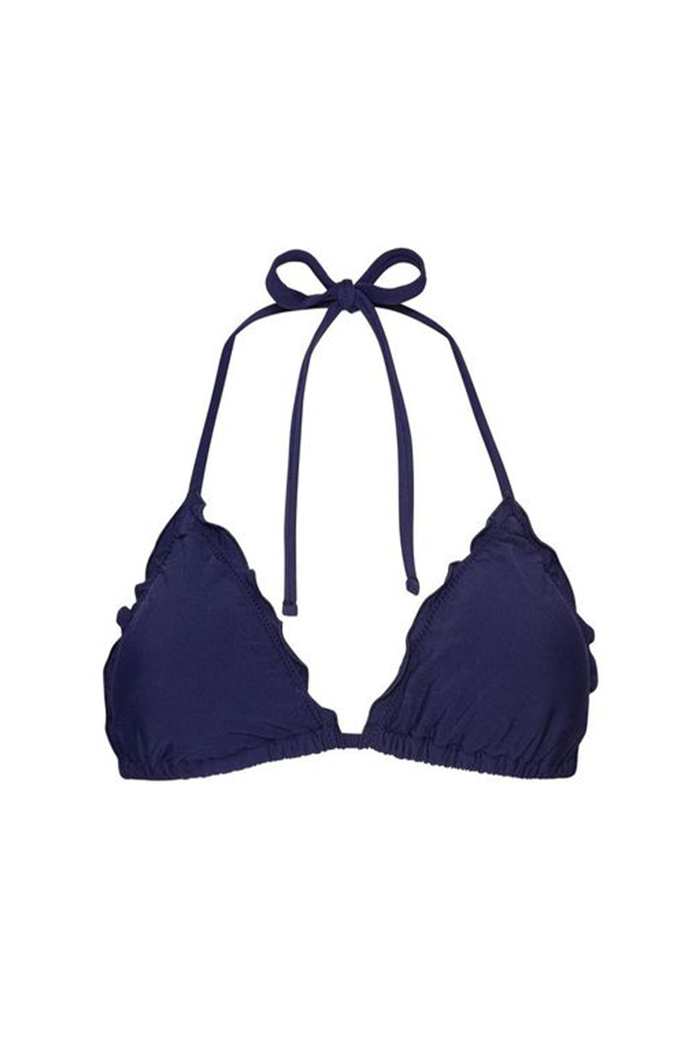 Navy blue bikini top with bow straps on a white background