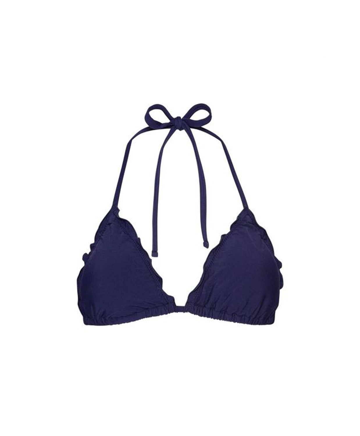 Navy blue bikini top with bow straps on a white background