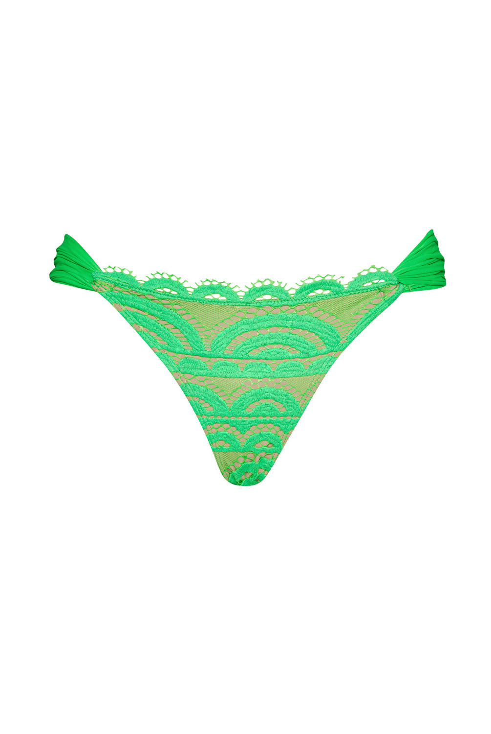 Green lace bikini bottom on a white background
