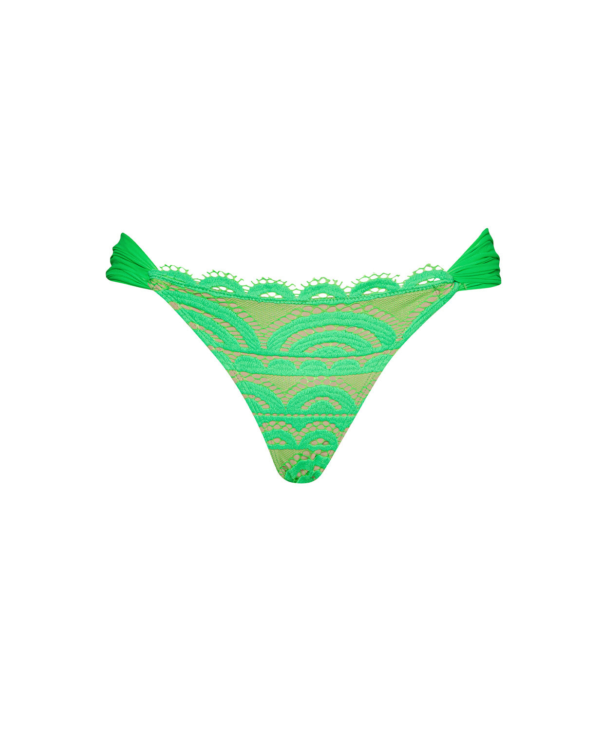Green lace bikini bottom on a white background