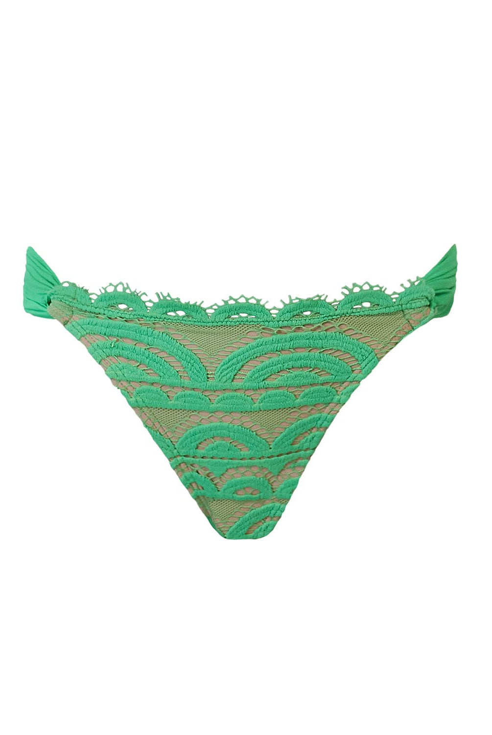 A green bikini bottom against a white wall.