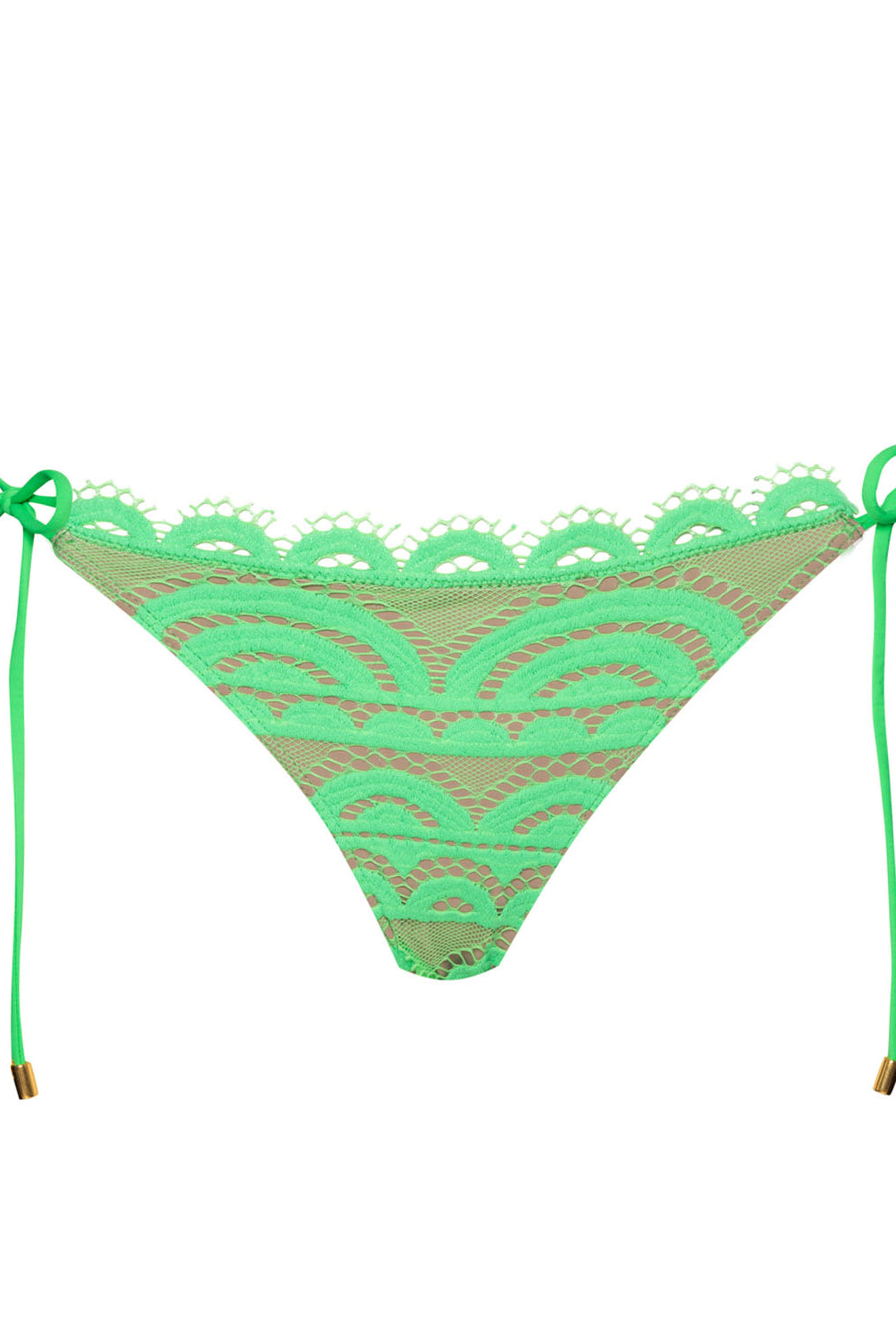 A green lace bikini bottom against a white wall.