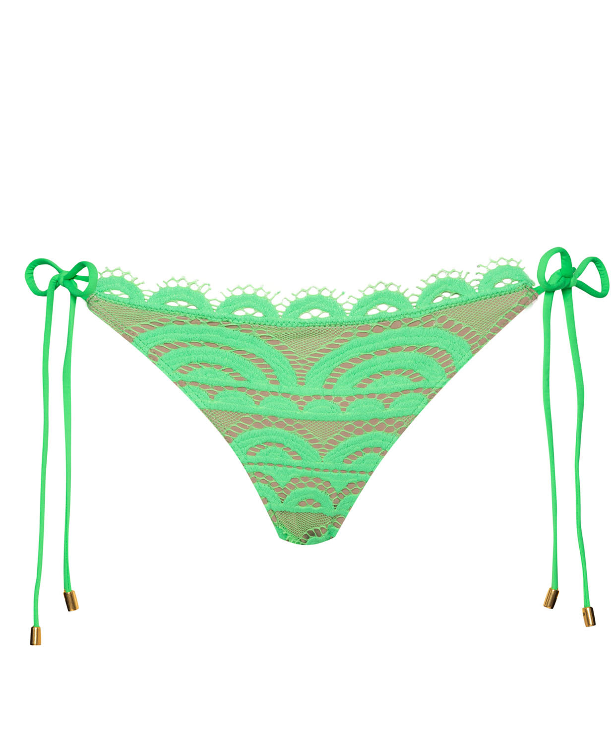 A green lace bikini bottom against a white wall.