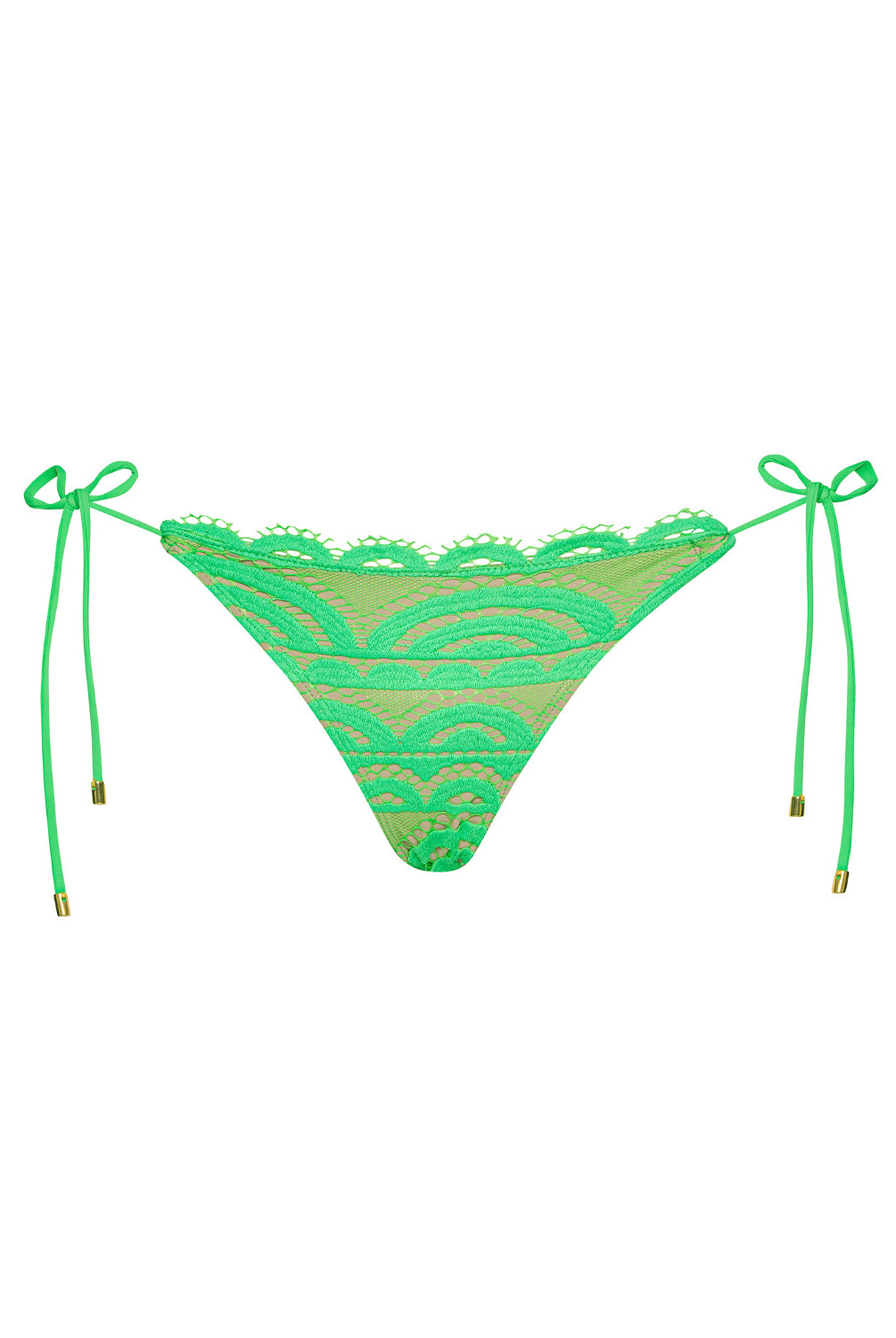 Green lace bikini bottom with tie sides on a white background