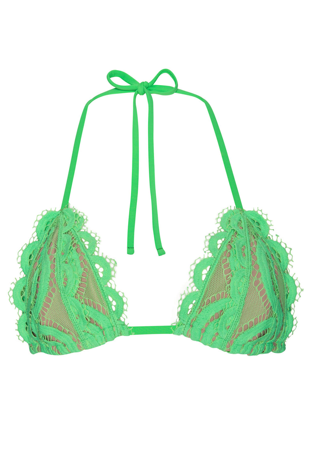 A green lace bikini triangle top against a white wall.