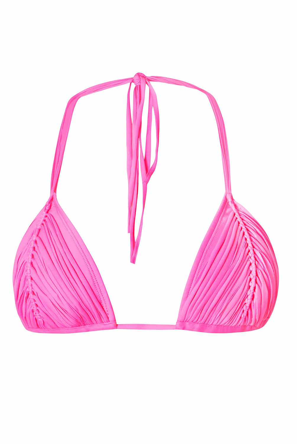 A pink bikini top against a white wall.