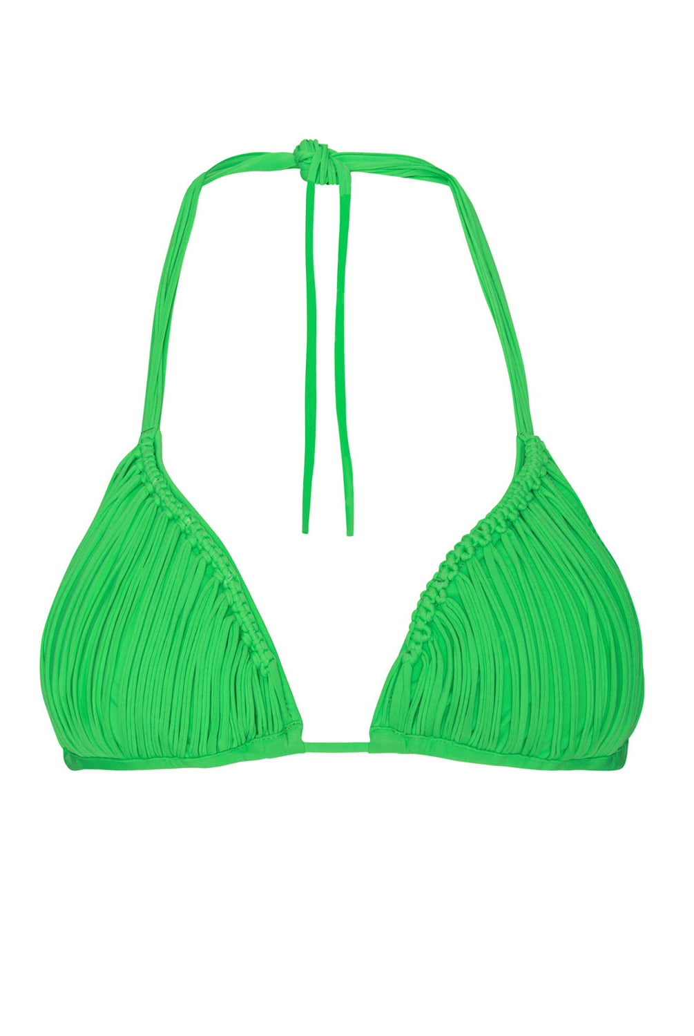 A green triangle bikini top against a white wall.