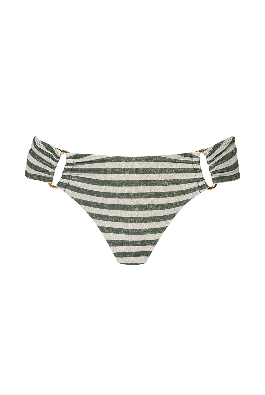 Green and white striped bikini bottom on a white background