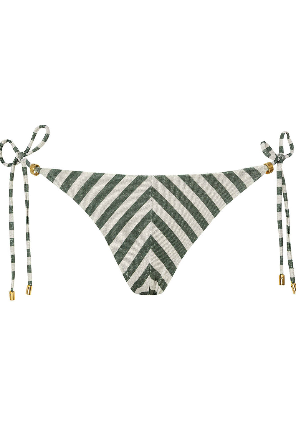 Green and white striped bikini bottom with tie sides on a white background