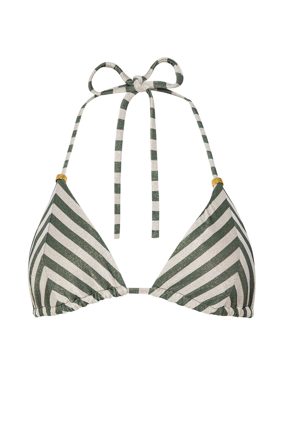 Green and white striped bikini top on a white background