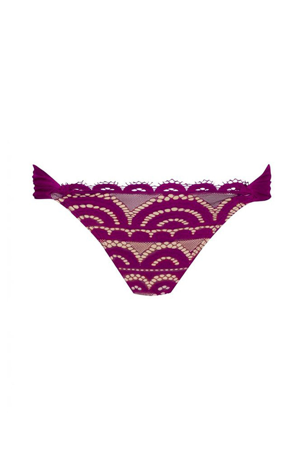 A pair of women's bikini bottoms in a deep magenta-purple color, featuring a semi-sheer mesh panel decorated with a beige and white scalloped wave pattern, finished with a scalloped lace trim.