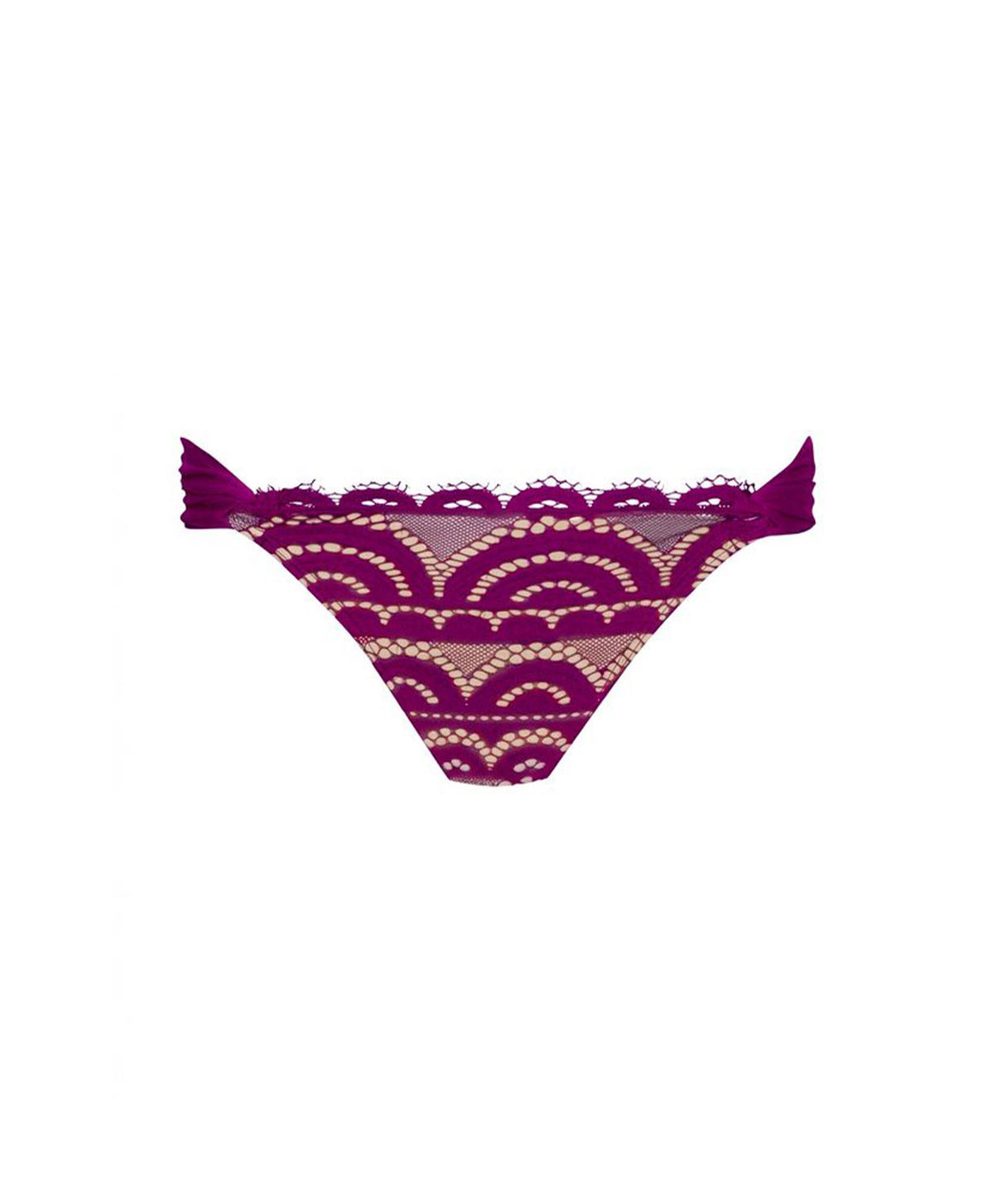 A pair of women's bikini bottoms in a deep magenta-purple color, featuring a semi-sheer mesh panel decorated with a beige and white scalloped wave pattern, finished with a scalloped lace trim.