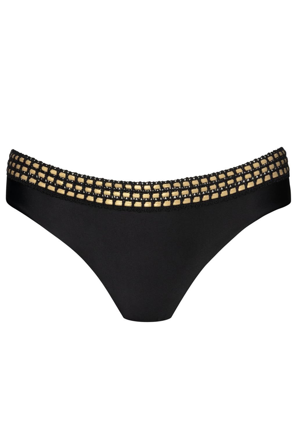 Black bikini bottoms with gold details against a white wall.