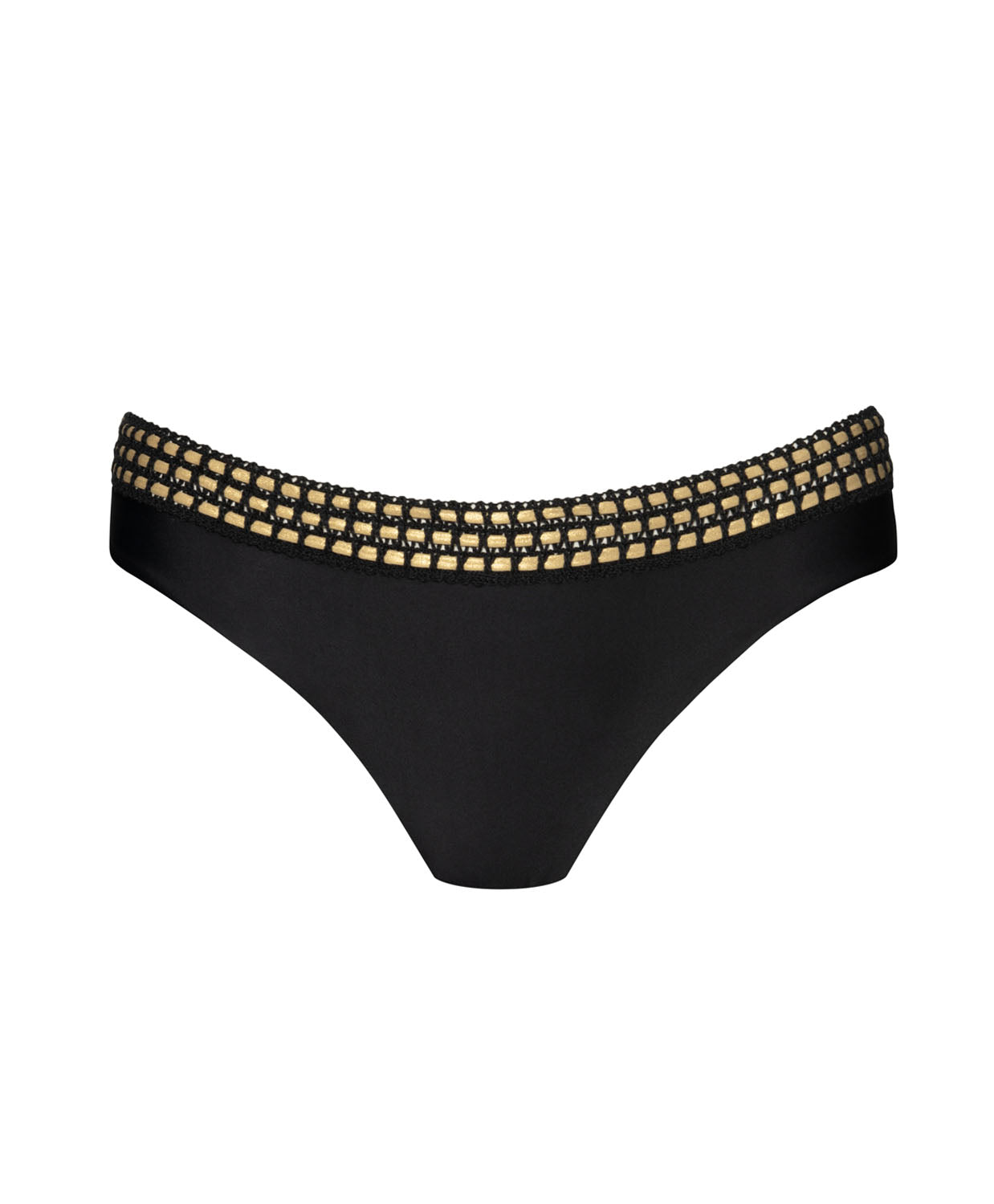 Black bikini bottoms with gold details against a white wall.