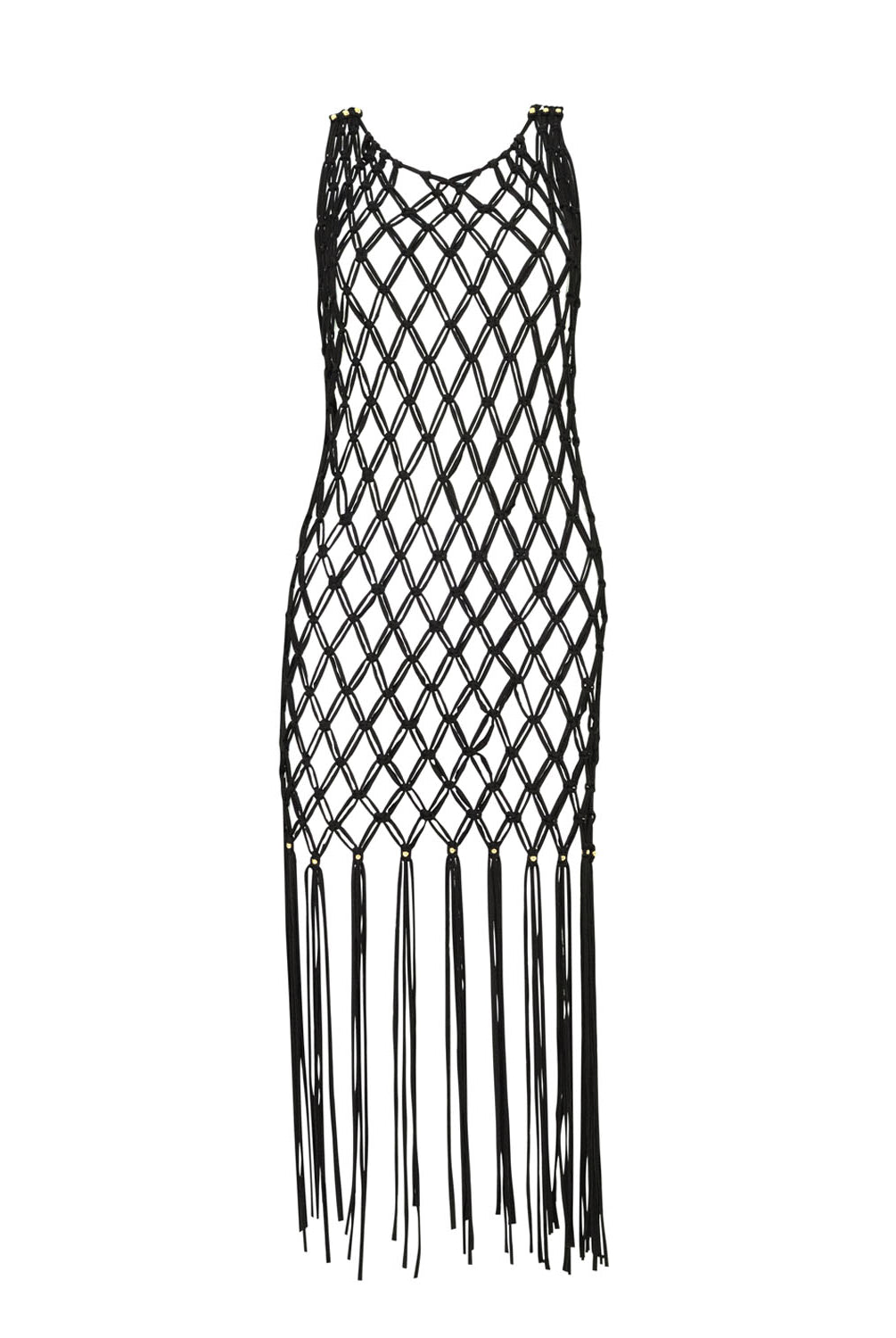 A black crochet cover up with fringe against a white wall.
