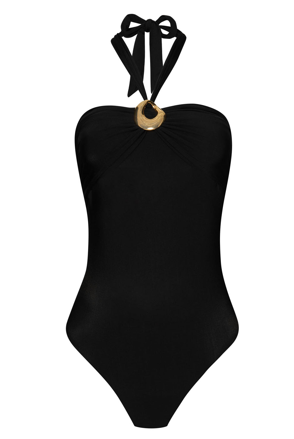 A black one piece swimsuit against a white wall.