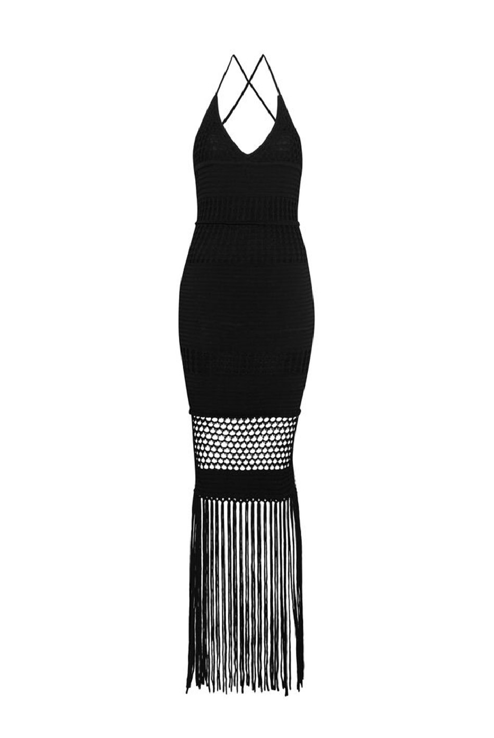 A black halter-neck knit maxi dress with a textured pattern and a long fringe hem, shown against a plain white background.