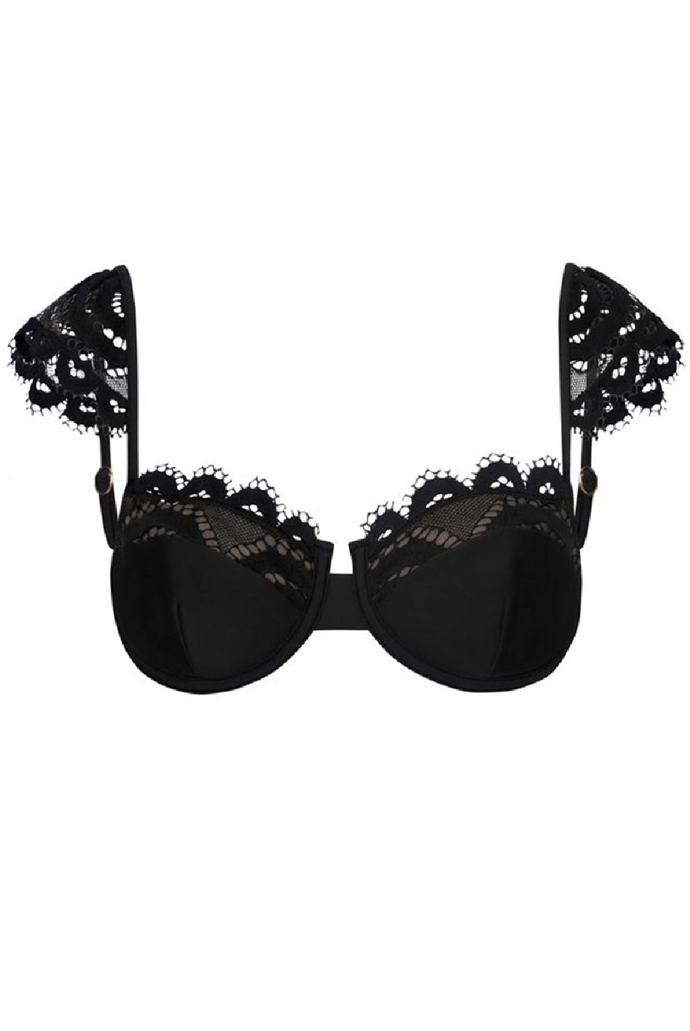 Black lace underwire bra with decorative lace shoulder straps and scalloped lace trim along the underband, shown against a plain white background.