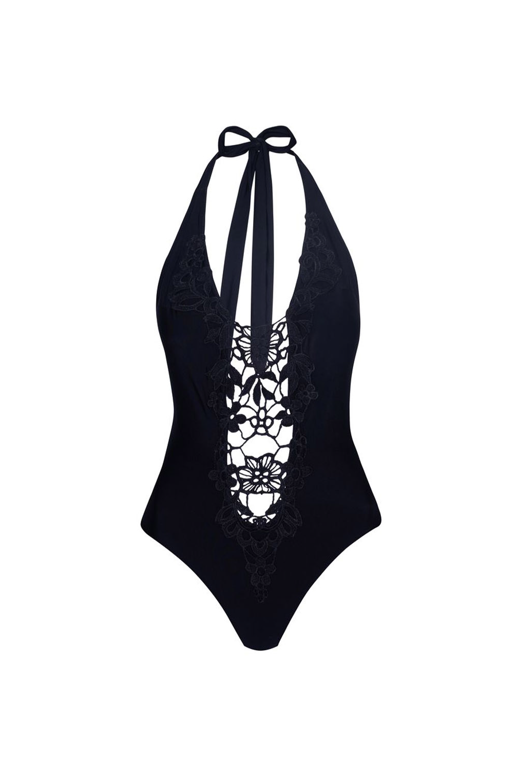 A black one-piece swimsuit with a halter neck, tie-back straps, and a sheer lace panel down the front, shown against a plain white background.
