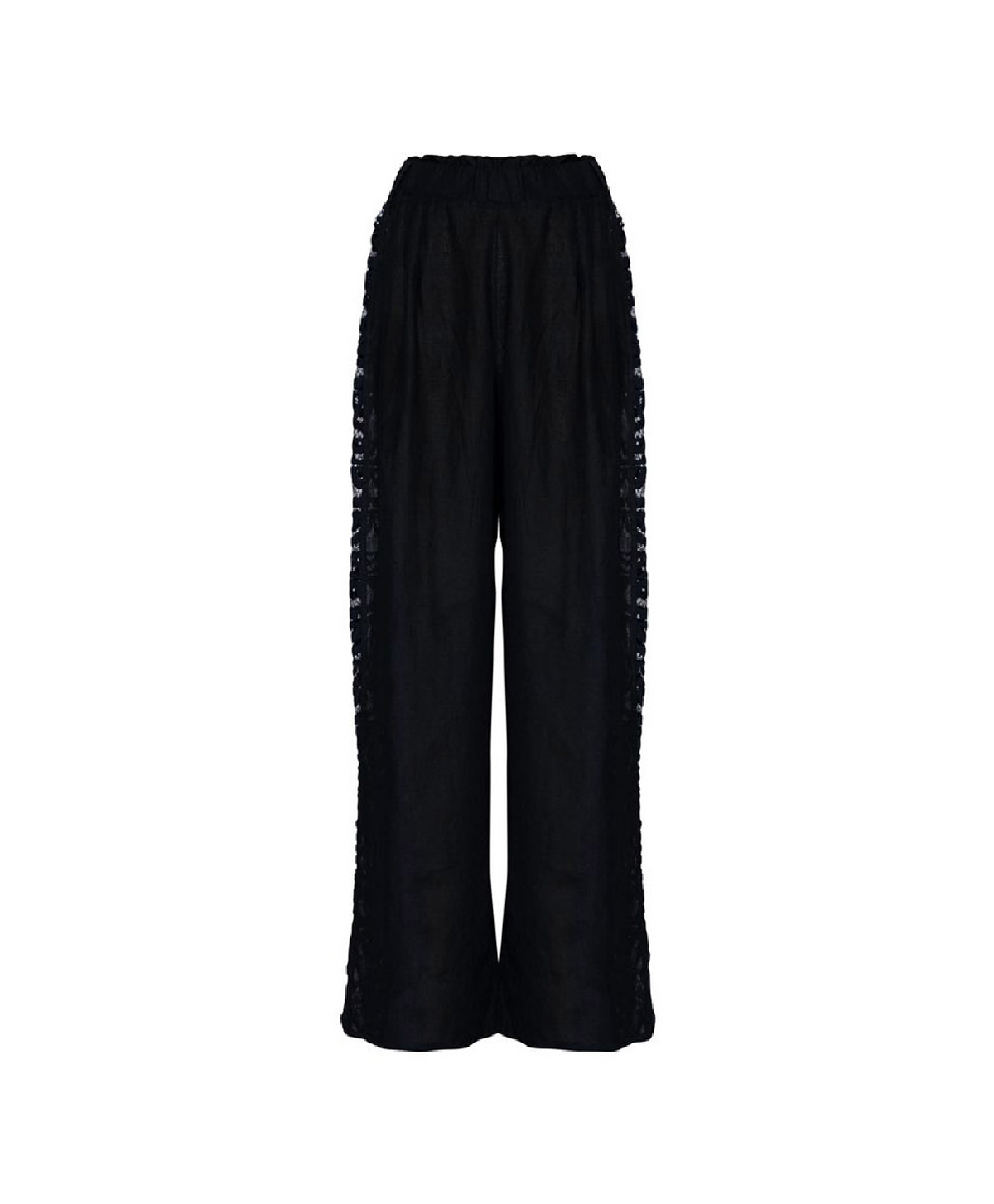 Black wide-leg pants with textured, ruffled side panels and an elastic waistband, shown against a plain white background.