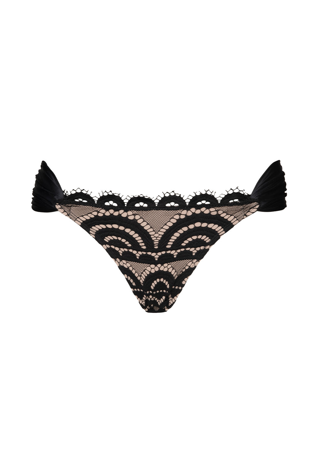 Black lace bikini bottom with tassels on a white background