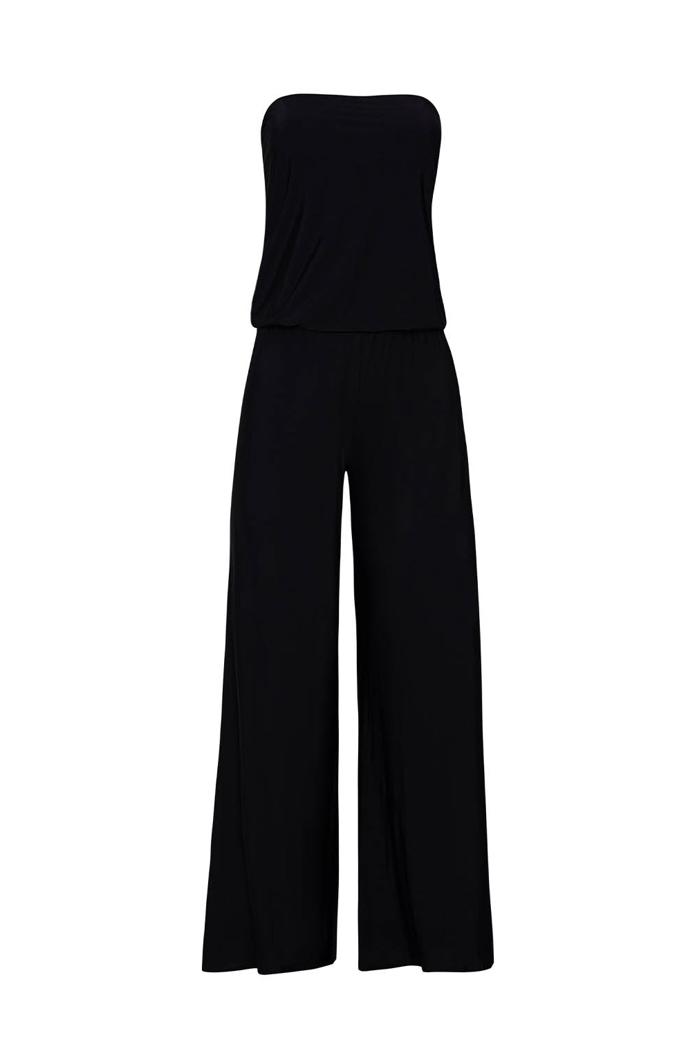 Black strapless jumpsuit on a white background