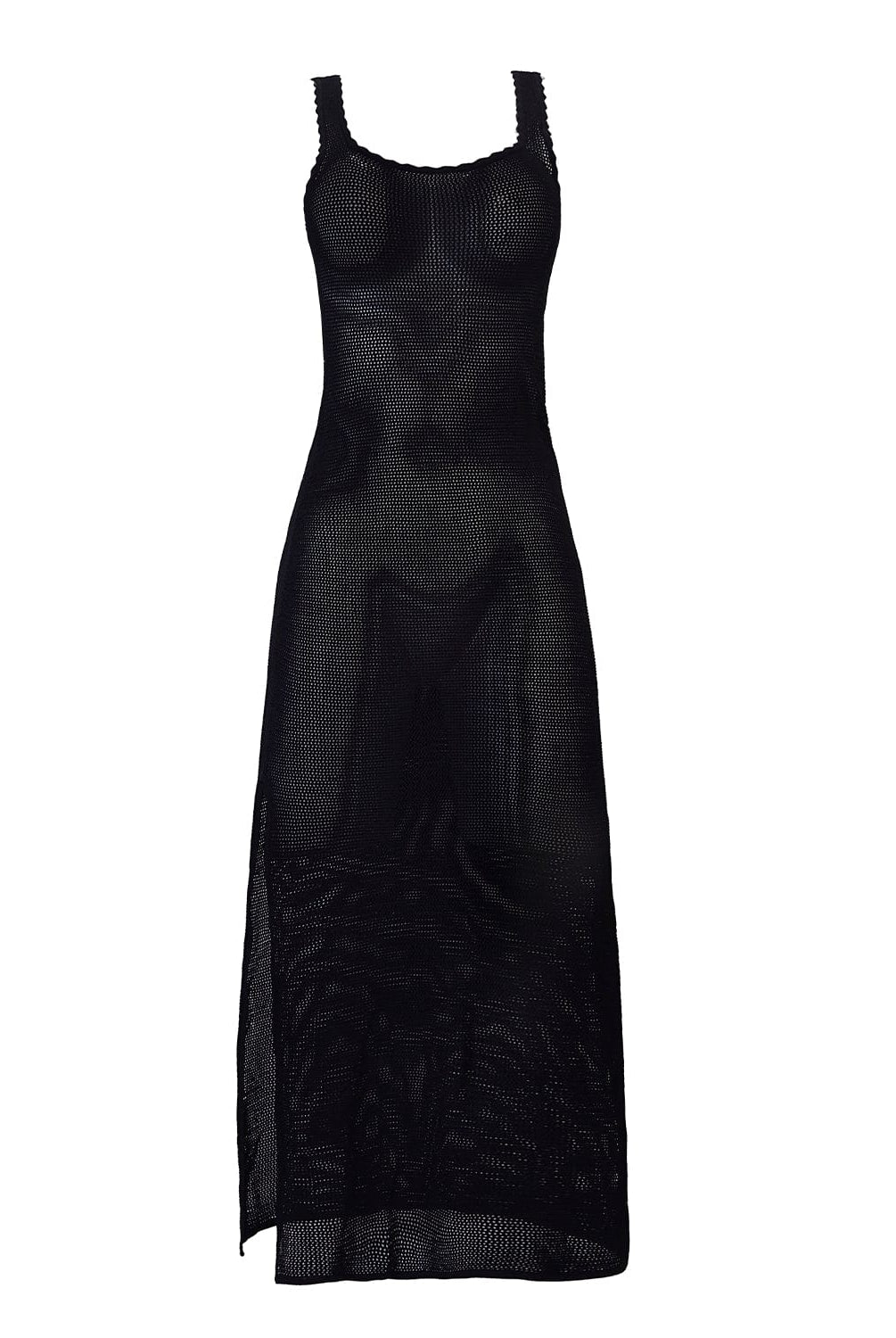 A black floor length dress against a white wall.