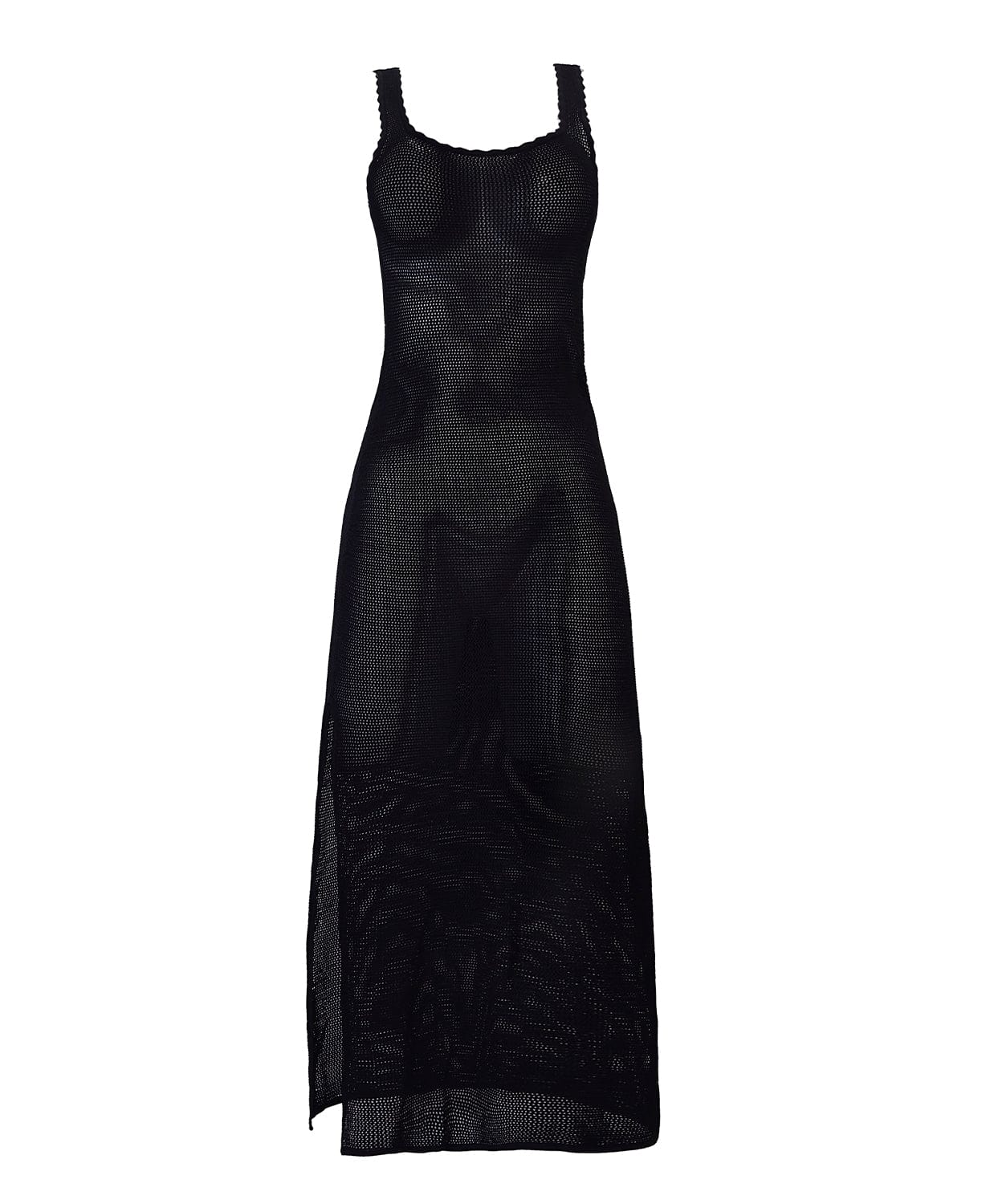 A black floor length dress against a white wall.