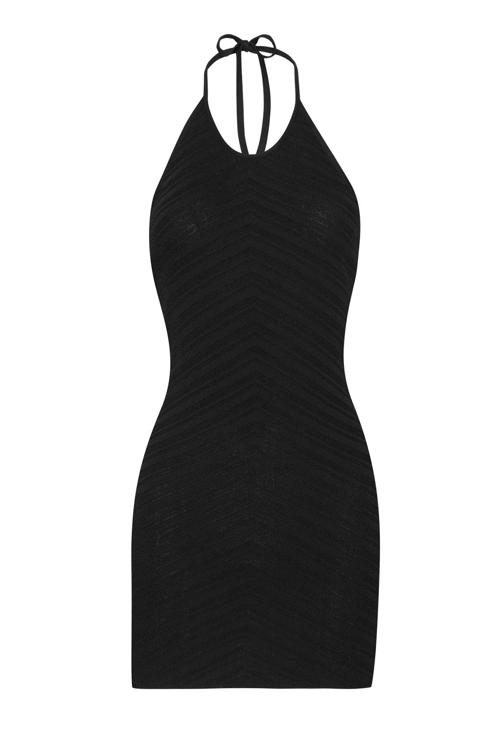 A black mini dress that ties around the neck against a white wall.