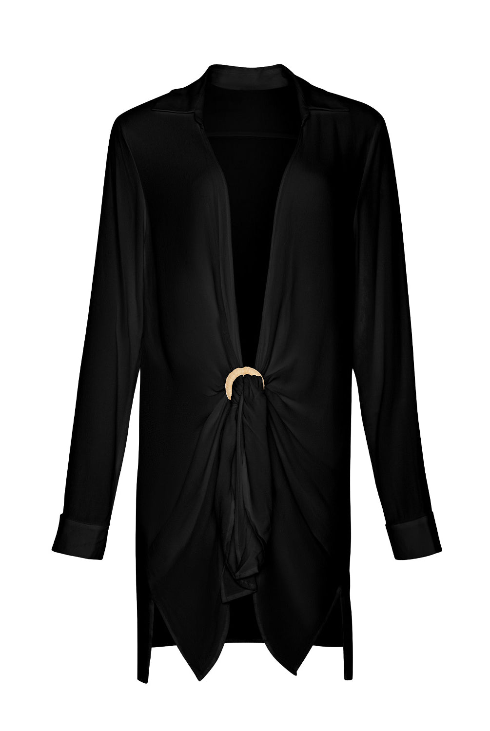 Black long-sleeve top with a knot detail on a white background