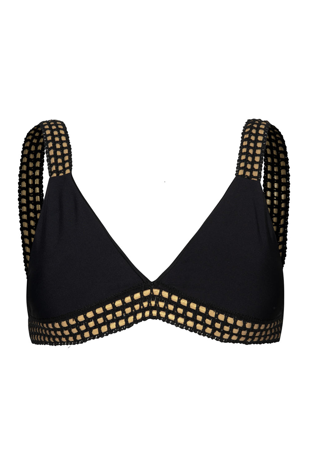 A black bikini top with gold details against a white wall.