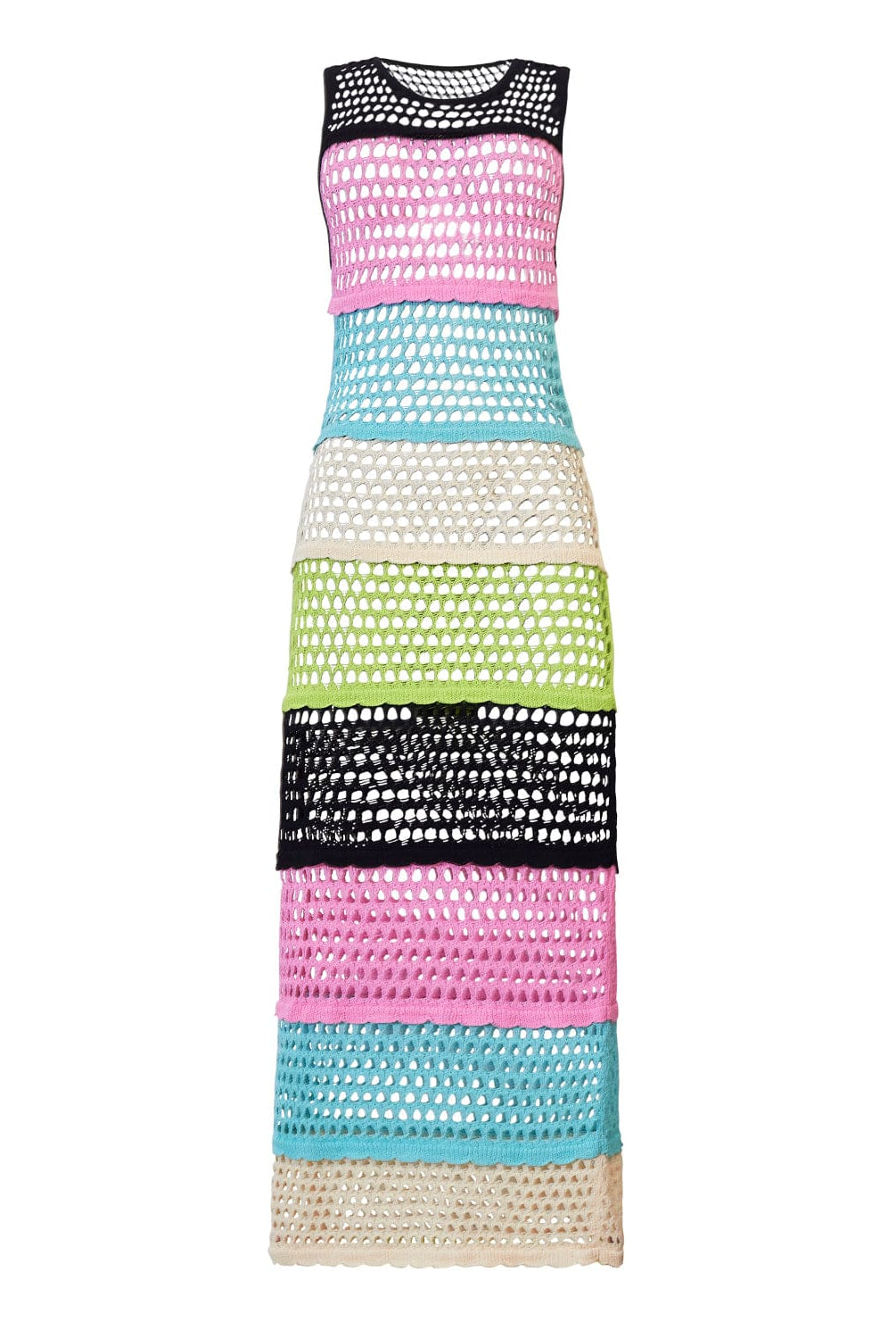 A floor length multi-colored dress against a white wall.