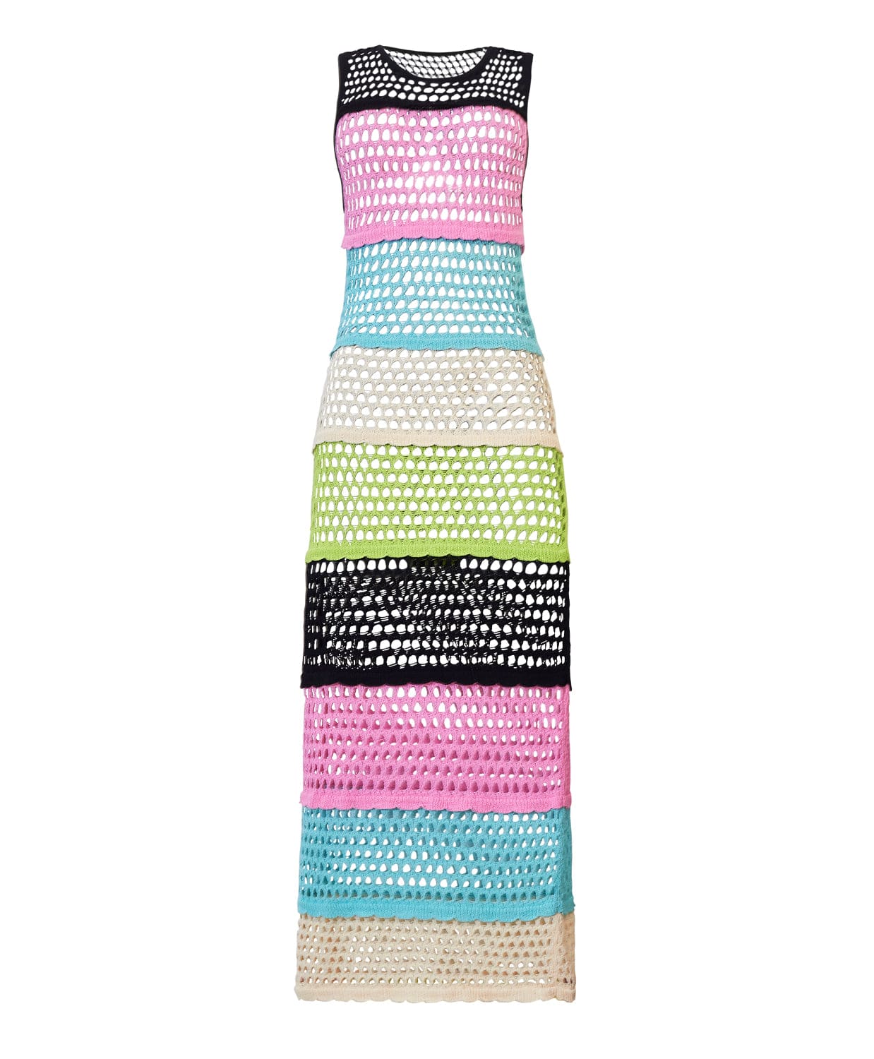 A floor length multi-colored dress against a white wall.