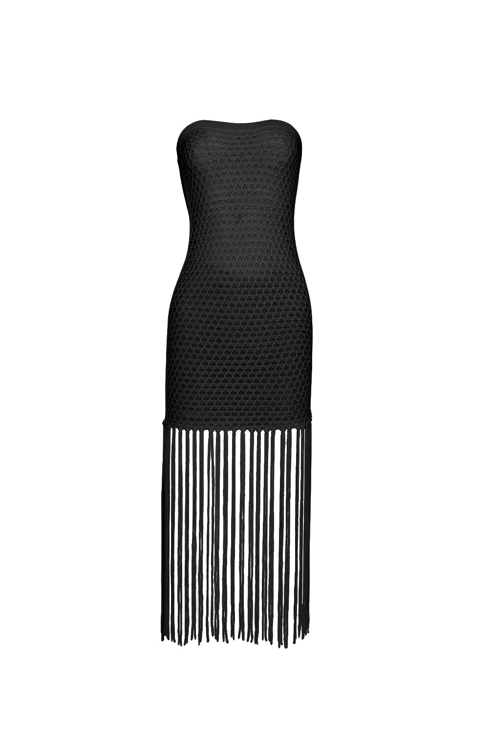 Black strapless dress with fringe details on a white background