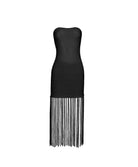 Black strapless dress with fringe details on a white background