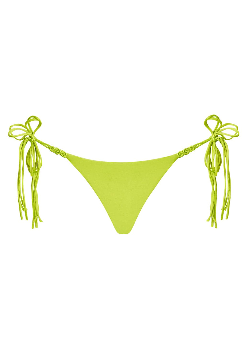 A lime macrame tie side bikini bottom. Featured against a white wall background.