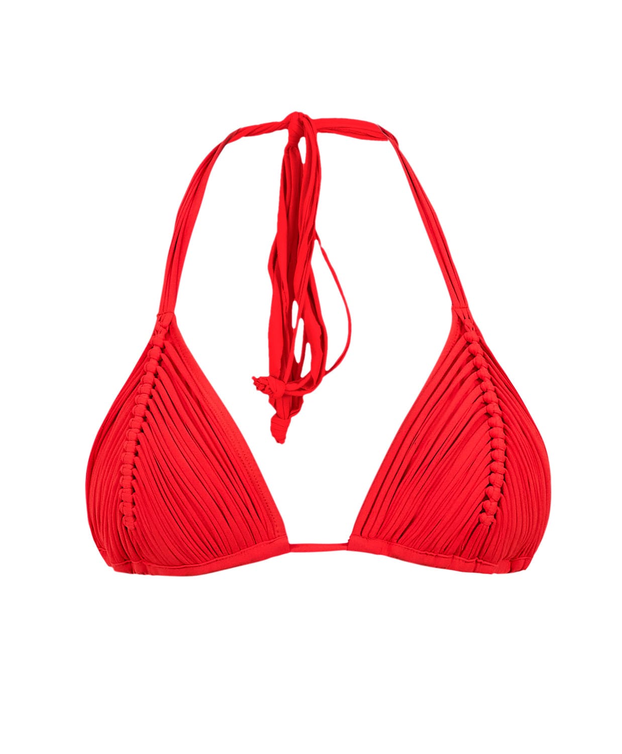 A red macrame triangle bikini top against a white wall.