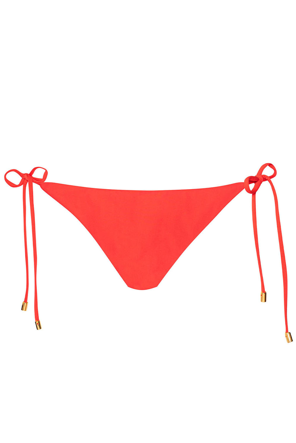 Red tie side bikini bottoms against a white wall.