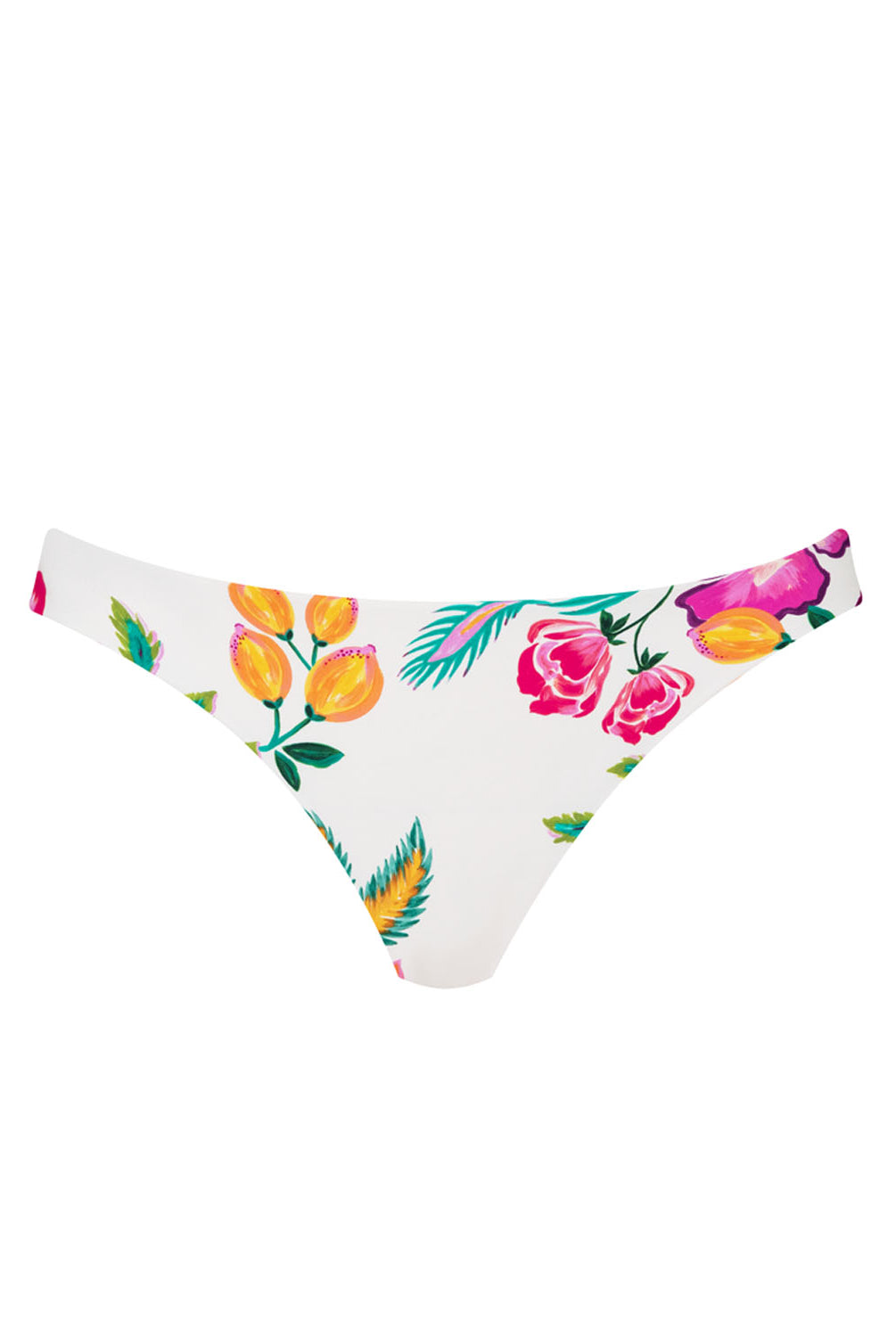 A white bikini bottom with floral details against a white wall.