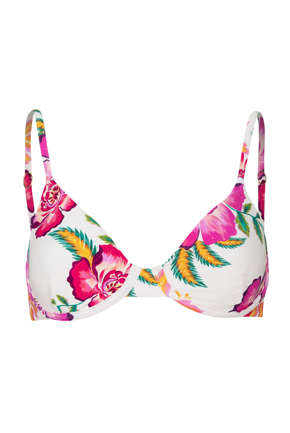 A white bikini top with floral details against a white wall.