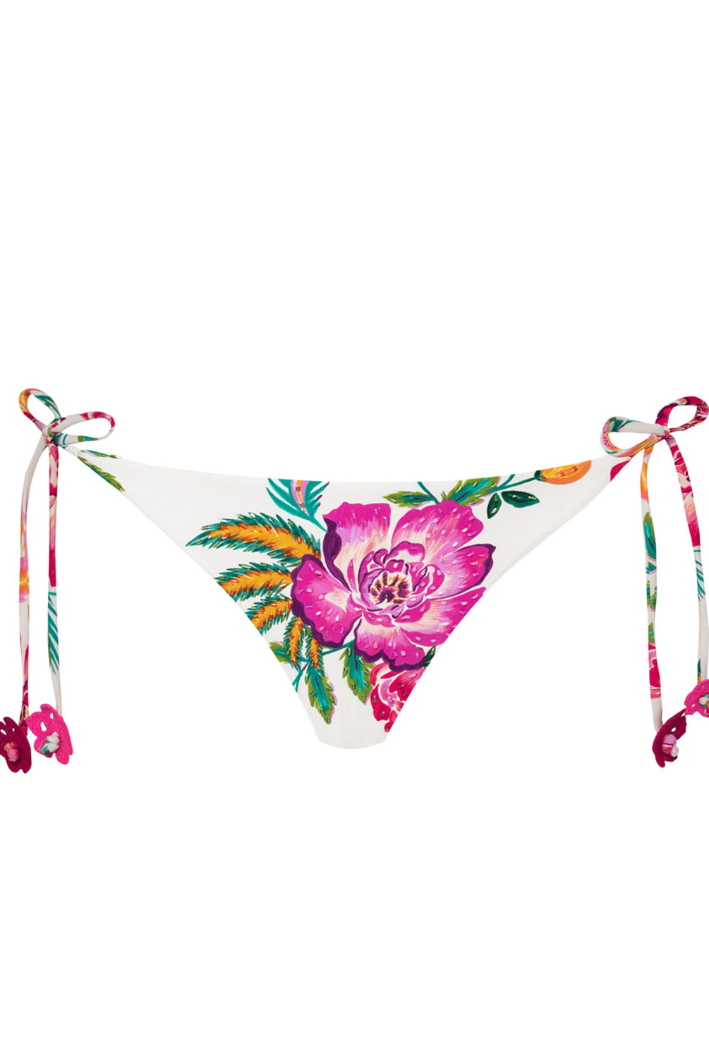 A white bikini bottom with floral details against a white wall.